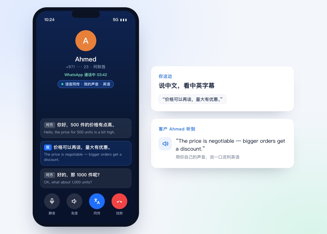 Illustration: Während eines WhatsApp-Anrufs werden chinesisch-englische Untertitel für „Gegenüber“ und „Ich“ getrennt angezeigt